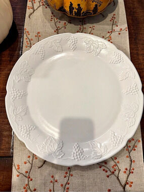 White Embossed Leaf and Grape Milk Glass Serving Platter 13”